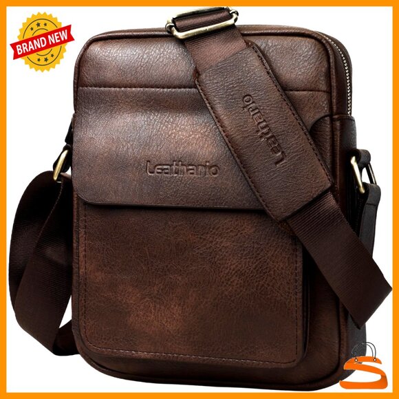 Large Vegan Leather Messenger Bag for Men Adjustable Strap Multiple Pockets